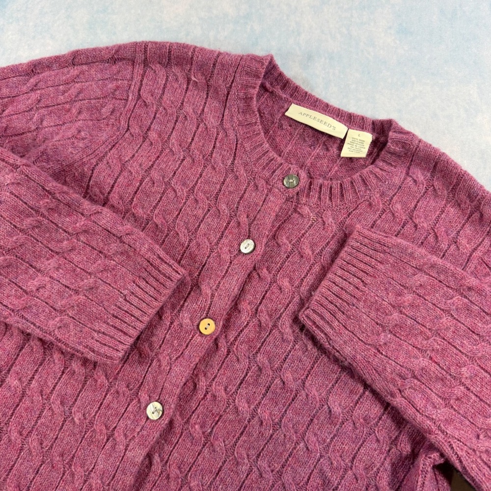 Appleseed's Cardigan Sweater Womens L Purple Good Wool Cable Knit Button Front